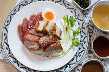 Red pork, crispy pork, roast duck rice