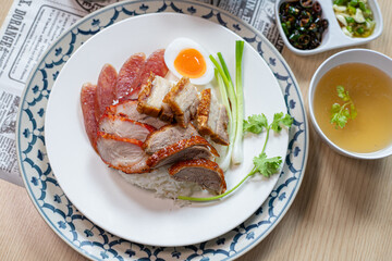 Red pork, crispy pork, roast duck rice