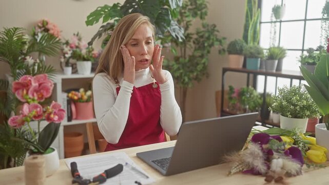 Frustrated florist, young blonde woman goes mad, shouting and yelling, arms flailing in flower shop