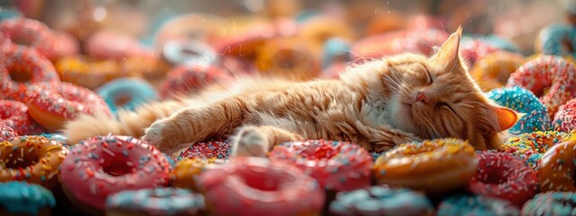 a vibrant cinematic award winning photo scene of a fat ginger cat floating in a sky of donuts.