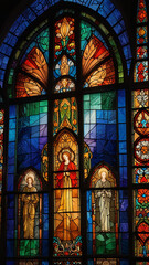 Obraz premium Watercolor Painting: A stunning Art Deco stained glass window adorns an ornate cathedral, radiating vibrant colors and intricate geometric patterns. 