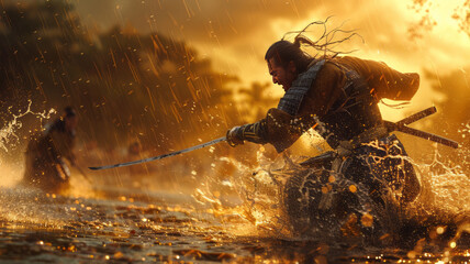 Obraz premium Samurai duel in pouring rain, intense clash in a dramatic, cinematic scene.generative ai