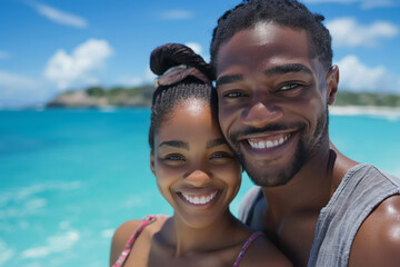 Black couple happily smiles family, enjoying a selfie photo on a sunny beach.