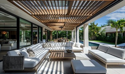 Modern Patio Design Features White Sofas, Wooden Pergola, and Pool Views for Ultimate Relaxation