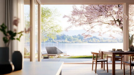 Fototapeta premium Morning view from modern home to an outside calm lake through windows
