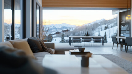 Fototapeta premium Morning view from modern home to an outside snowy mount through windows