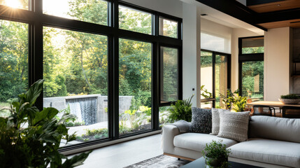 Fototapeta premium Morning view from modern home to an outside river waterfall through windows