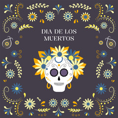 Dia de muertos, day of the dead. Female skull with flowers. Mexican holiday, festival. Greeting card, banner, poster. Vector illustration.