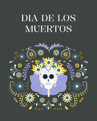 Dia de muertos, day of the dead. Female skull with flowers. Mexican holiday, festival. Greeting card, banner, poster. Vector illustration.