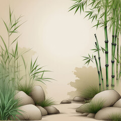 Obraz premium Watercolor painting featuring a serene bamboo forest against a soft pastel nature pattern vintage background.