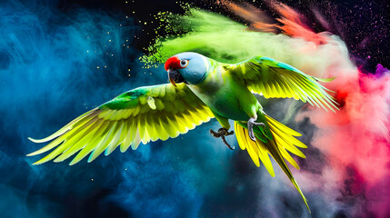 Alexandrine parakeet in flight against a vibrant background of colorful powder clouds creating a dynamic and visually striking scene