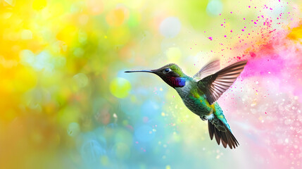 Fototapeta premium Vibrant colorful hummingbird in flight surrounded by a cloud of vibrant powder against a blurred nature background creating a dynamic energetic and scene