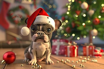 Adorable 3D cartoon dog wearing a tiny Santa hat, sitting by a decorated Christmas tree , created ai