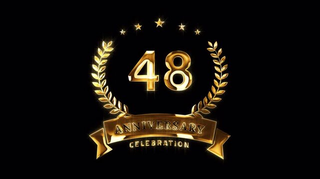 48th Anniversary Celebration. Happy 48 Years Anniversary Animation in Gold Color on the Transparent Background, Alpha Channel. Great for greetings, celebrations, events, and gifts.