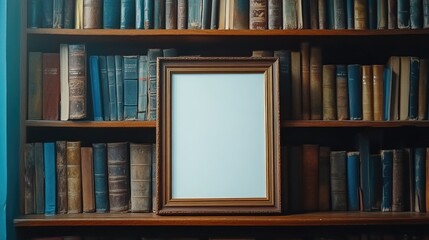 Minimalist Mockup with Empty Picture Frame on Stylish Bookshelf for Intellectual Design Concepts
