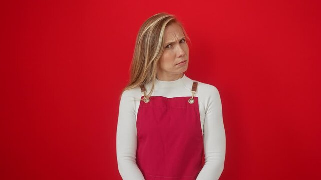Young, blonde woman, standing nervous and skeptic, frowning with an upset expression over isolated red background. a portrait of a negative person dealing with a problem.