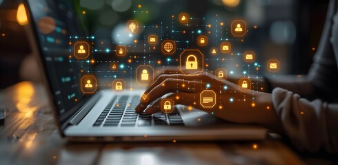 Fototapeta premium A person is typing on a laptop with a lot of icons on the screen. The icons include a person, a key, a lock, and a credit card