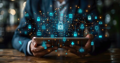 A man is holding a tablet with a blue screen that has a lot of security symbols on it