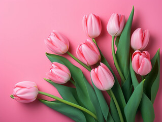 Fototapeta premium Pink Tulips Bouquet on Pink Background with Green Leaves