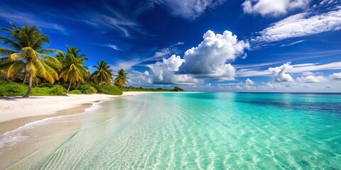 Obraz premium Sunny tropical Caribbean beach with crystal clear water and white sand, tropical, Caribbean, beach, paradise, palm trees, ocean