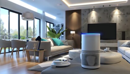 Smart Home Automation: Voice Assistant Controls Lighting, Security, and Entertainment in a Modern Living Room