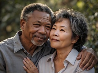 Portrait of a couple of black man from Africa and white woman from Asia, individuals of different races