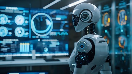 Fototapeta premium AI Robot Analyzes Data on Computer Screens in Futuristic Tech Laboratory