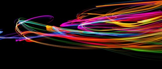 Overlay of colorful light trails, on black background, Generative AI