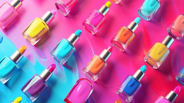 Bright flat lay of a collection of colorful nail polish bottles, depicted with clear and ultra-sharp 3D drawing techniques