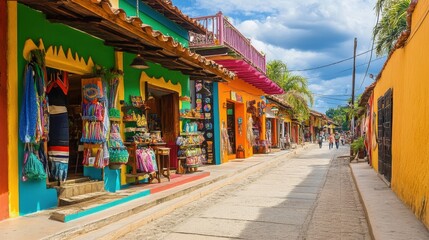 Fototapeta premium Vibrant souvenir shops with colorful facades line a sunny cobblestone street in a traditional Mexican town.