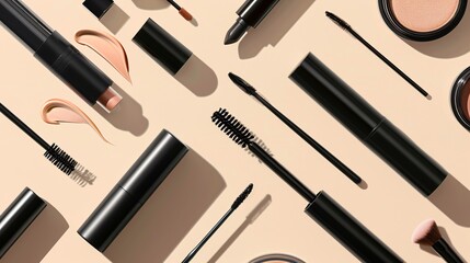 Obraz premium Ultra-sharp flat lay of a variety of beauty products including mascara and eyeliner, illustrated with detailed 3D shading