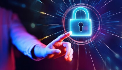 A hand reaching towards a glowing digital padlock symbolizing cybersecurity and data protection in a technological environment.