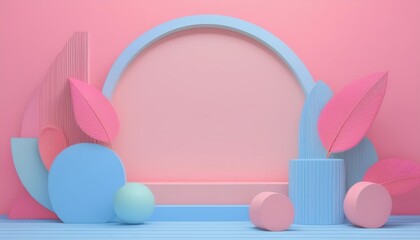 A vibrant composition featuring pastel geometric shapes and botanical elements, perfect for modern design and creative backgrounds.