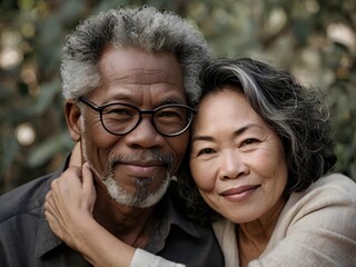 Portrait of a couple of black man from Africa and white woman from Asia, individuals of different races