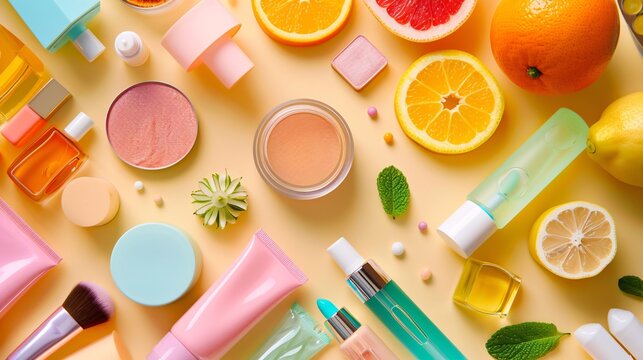 Flat lay of various bright and cheerful beauty products including makeup and skincare items