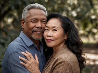 Fototapeta premium Portrait of a couple of black man from Africa and white woman from Asia, individuals of different races