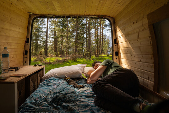 Vanlife sleeping man and cat