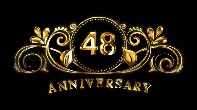 48th Anniversary Celebration. Happy 48 Years Anniversary Animation in Gold Color on the Transparent Background, Alpha Channel. Great for greetings, celebrations, events, and gifts.