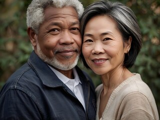 Fototapeta premium Portrait of a couple of black man from Africa and white woman from Asia, individuals of different races