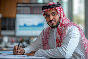 Saudi man in white thobe, writing with charts behind, in an office.generative ai