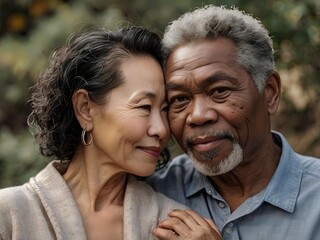 Fototapeta premium Portrait of a couple of black man from Africa and white woman from Asia, individuals of different races