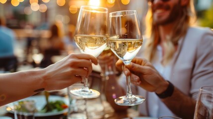 two people toasting with a restaurant background