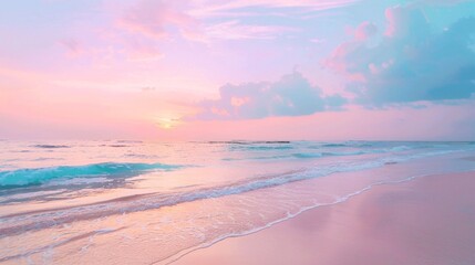 Fototapeta premium Beach and sea with a pastel sky: a serene coastal scene with a vibrant sunset over gentle waves.