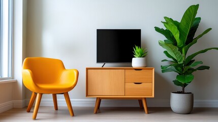 Fototapeta premium Modern Living Room with Yellow Chair and Wooden Cabinet