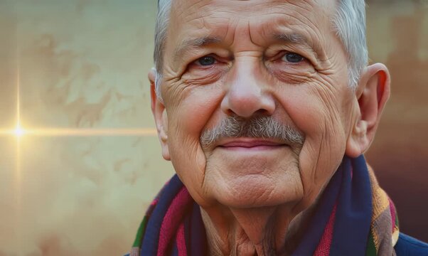 Medium shot portrait video of a French man in his 90s wearing a foulard against an abstract background