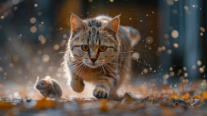 A cat chasing a mice, dynamic action, jumping, splashes of dust, nature photography,generative ai