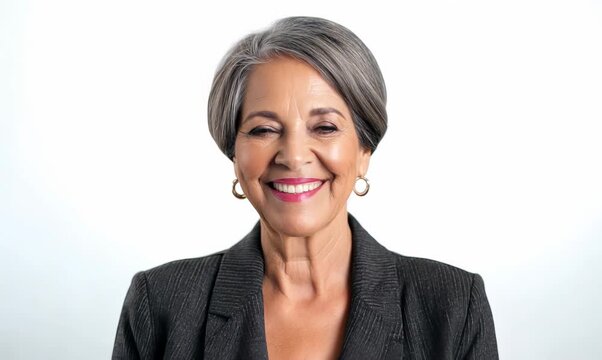 Close-up portrait video of a pleased, woman in her 50s wearing a sleek suit against a white background