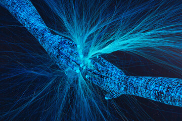 Digital hands reaching across a dark background