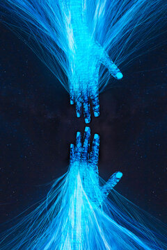 Digital hands reaching across a dark background