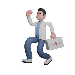 Male Doctor with Medical Tools. Male Doctor Carrying a First Aid Kit with a Surprised Expression. 3D Illustration